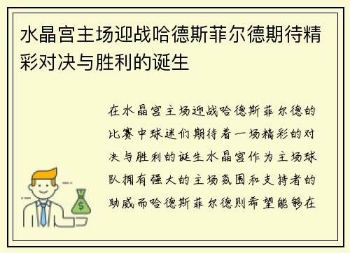 水晶宫主场迎战哈德斯菲尔德期待精彩对决与胜利的诞生