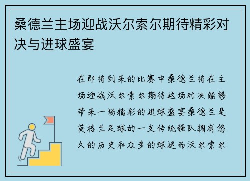 桑德兰主场迎战沃尔索尔期待精彩对决与进球盛宴
