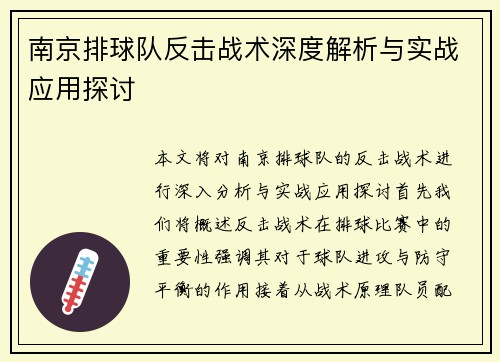 南京排球队反击战术深度解析与实战应用探讨